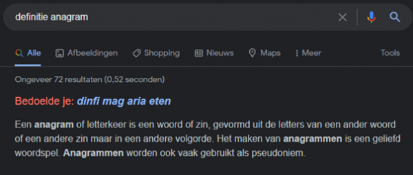 Google zoek resultaat anagram